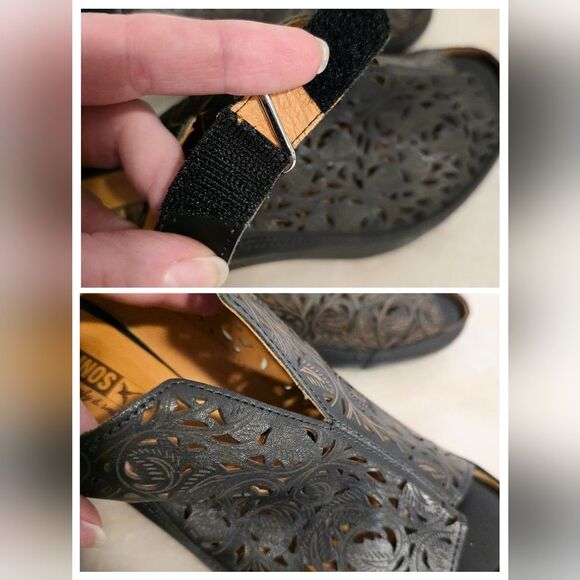 PIKOLINOS Java W5A Black Leather Leaf Laser Cut Sling Back Heeled Sandals 7.5 - Picture 6 of 9